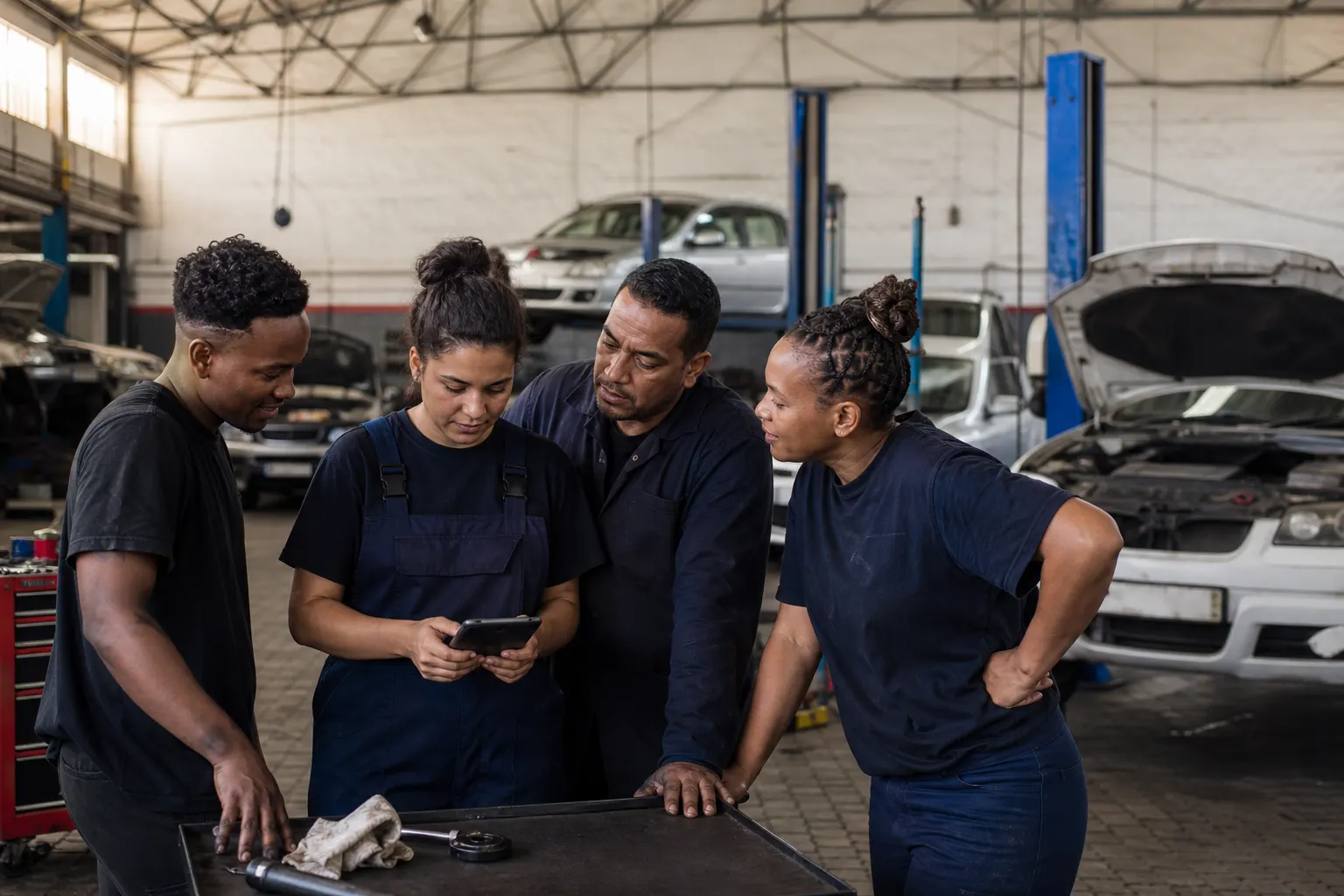 Mixed South African workshop team coordinating work beside active service bays