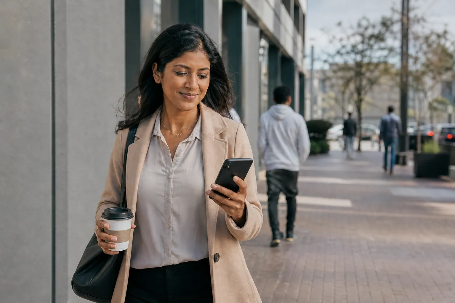 Indian South African woman checking a vehicle update on her phone while walking