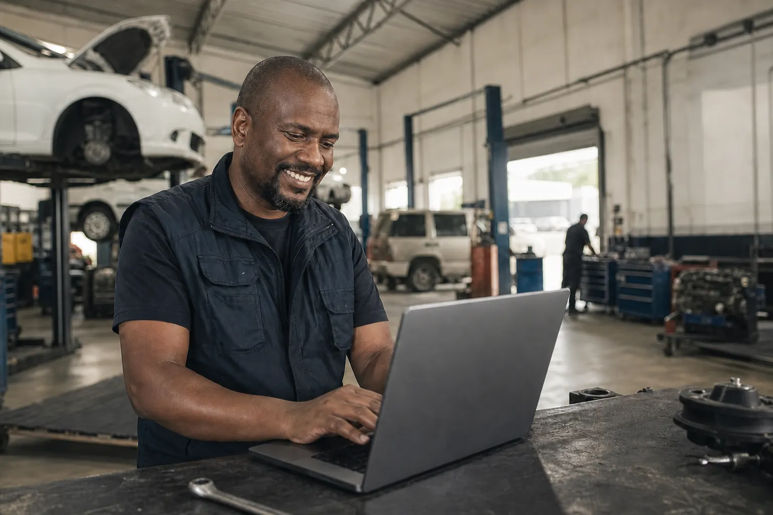 Black South African workshop owner using a laptop on an active workshop floor