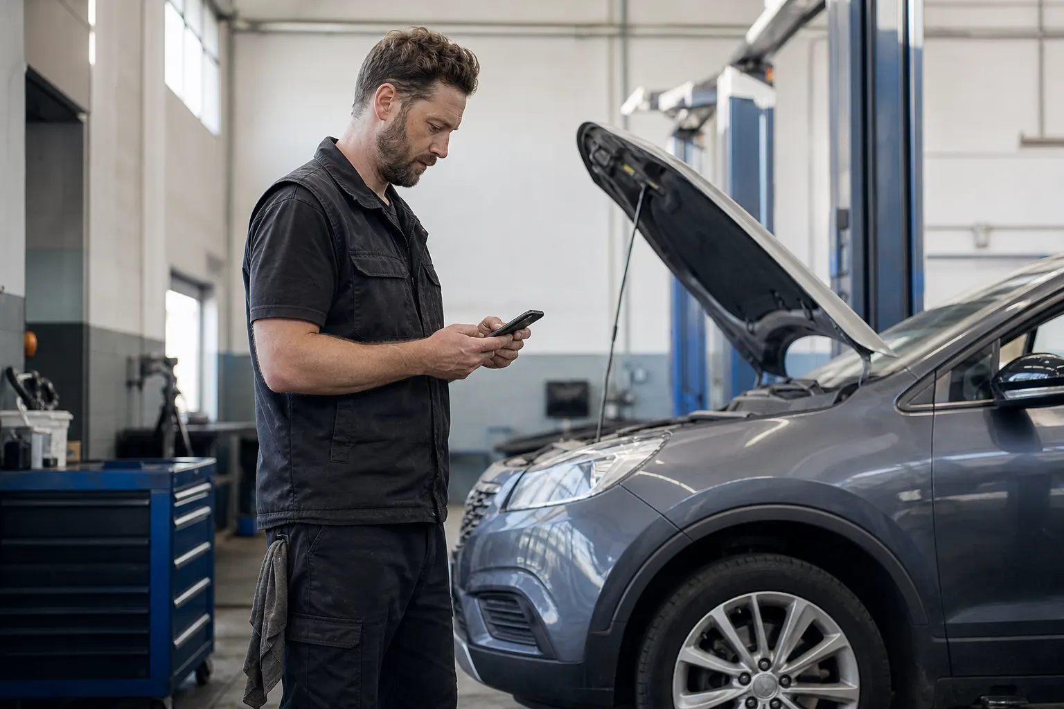 White South African technician checking job information on a mobile phone beside a vehicle